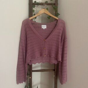 Mauve Crochet Knit Cardigan – Pink Rose, Cropped & Scalloped